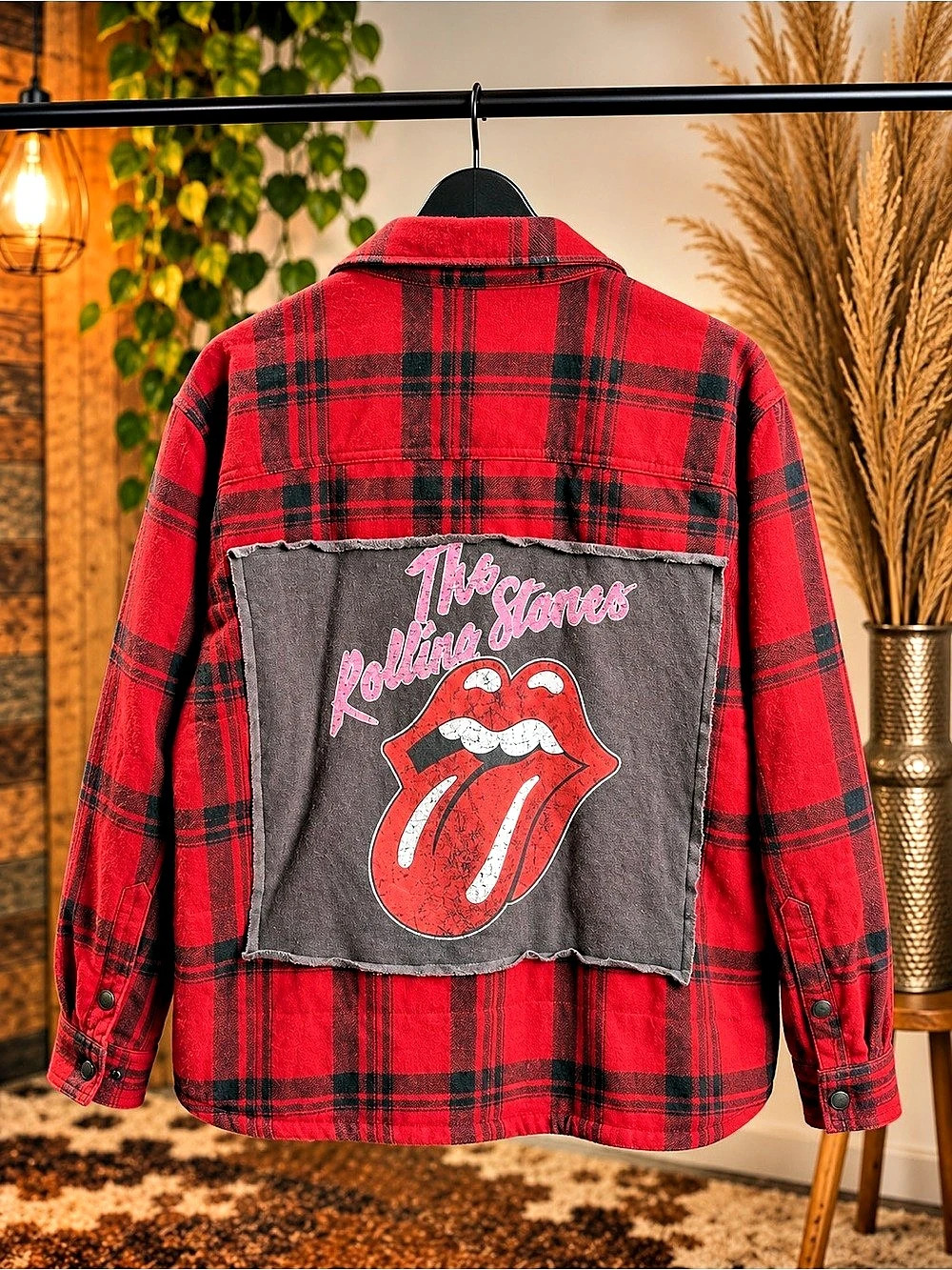 Handmade Upcycle Rolling Stones graphic on a red and black fleece lined Shacket